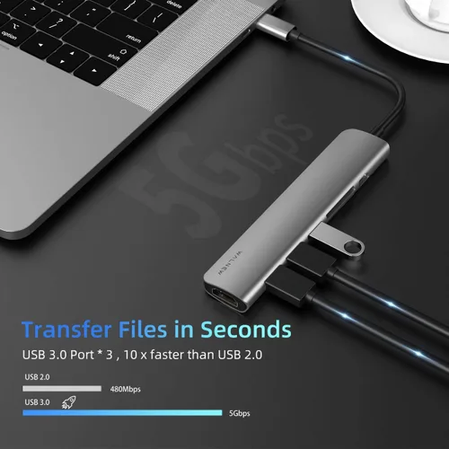Vista 3 de WALNEW Hub USB C con HDMI 4k, entrega de energía de 100 W, lector SD/TF, puertos de datos USB 3.0, adaptador multipuerto USBC 7 en 1, base Gris