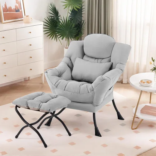 Vista 14 de Furlide Silla Perezosa con Otomana, Cómoda Silla de Salón con Brazos de Tela Acentuada con Almohada Lumbar y Reposapiés Plegable, Silla Sofá de Beige