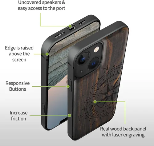 Vista 8 de Carveit Funda magnética de madera para iPhone 13 [madera real dura y TPU suave] Funda protectora híbrida de madera única y elegante a prueba