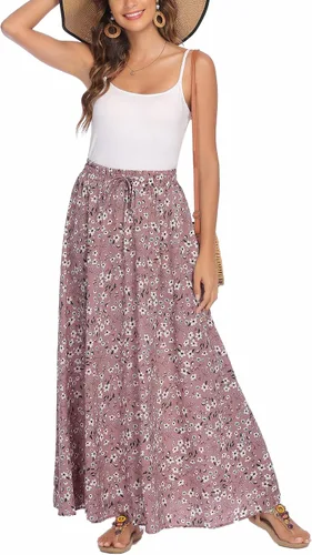 Vista 2 de Bluetime - Faldas largas fluidas para mujer, de verano y playa, plisadas, elásticas, de cintura alta, casuales, maxi