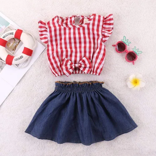 Vista 2 de Conjunto de ropa de vestir de manga corta con volantes y falda vaquera para bebé niña A cuadros