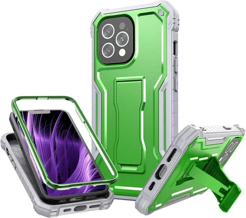 Vista 10 de FITO Funda para Apple iPhone 13, doble capa a prueba de golpes resistente con protector de pantalla de vidrio templado y soporte integrado (verde)