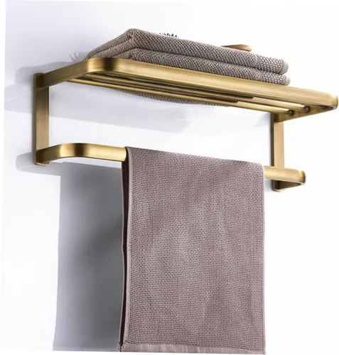 Vista 8 de Homoyoyo Retro Brass Bathroom Wall-Mounted Storage Rack High Load Towel Holder Shelf for Bath and Hand Towels Easy Installation Space-Saving