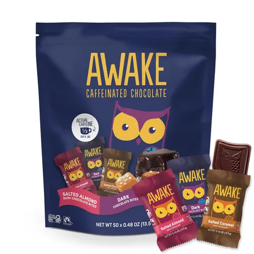 Vista 13 de AWAKE - Bocaditos de chocolate con cafeína - Chocolate con leche crujiente, 50 piezas - 50 mg de cafeína - Dulces envueltos individualmente