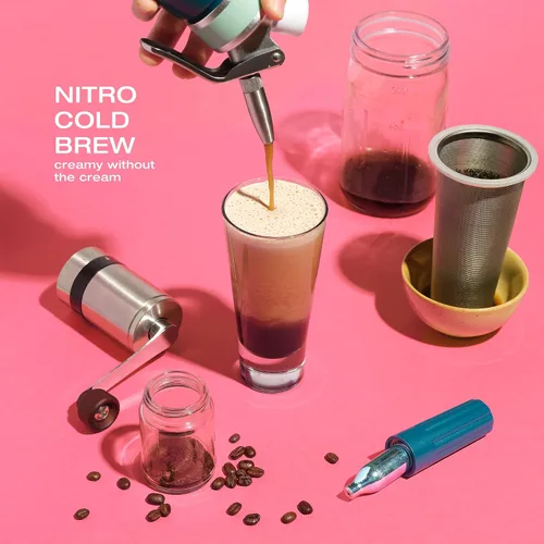 Vista 5 de Cafetera Nitro de 1 litro, cafetera de aluminio Nitro Cold Brew con boquilla especial de difusor de nitro y cafetera fría con tarro Mason