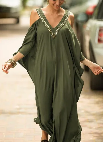 Vista 3 de Women's Cover up Casual V Neck Golden Edge Swimsuit Cover Up Off Shoulder Beach Casual Caftan Dress