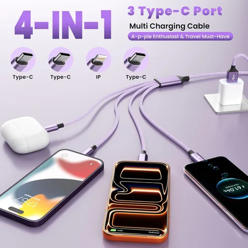 Vista 2 de 3 cables de carga múltiple tipo C + 1 puerto IP 4 en 1 para iPhone 17/14, cables de carga divisores USBC para múltiples dispositivos, accesorios