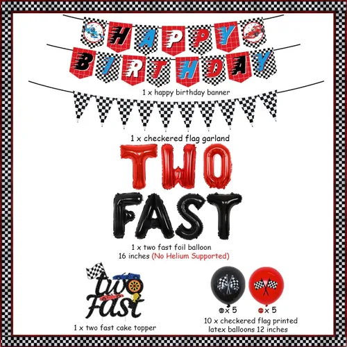 Vista 6 de Sursurprise Suministros para fiesta de 2º cumpleaños de coche de carreras, dos globos rápidos, decoración de pastel, pancarta de feliz cumpleaños