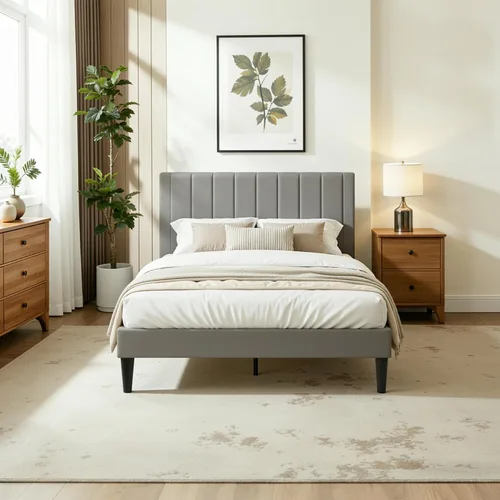 Vista 3 de Base de cama tapizada de terciopelo tamaño Queen con cabecero, listones de madera fuertes, somier opcional, base de colchón, fácil montaje, gris