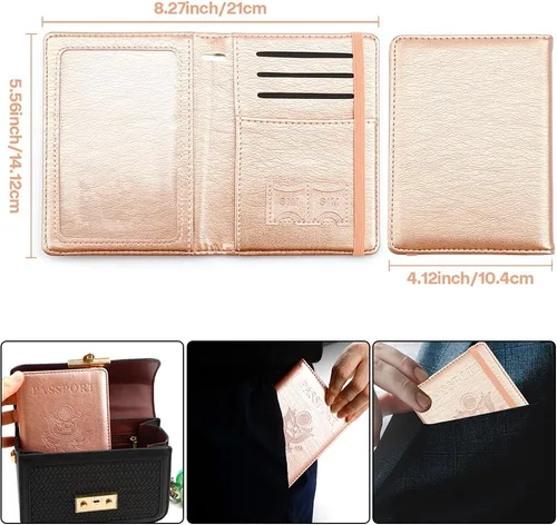 Vista 2 de Soporte para pasaporte y tarjetero de vacuna, cartera para pasaporte, funda para pasaporte con bloqueo RFID, Oro Rosa, Compacto