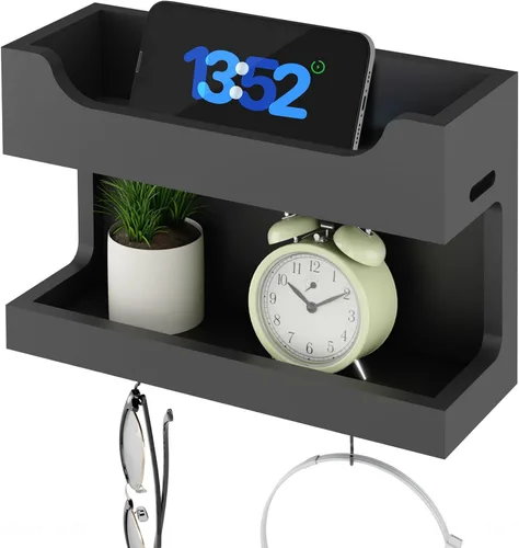 Vista 10 de NiHome Organizador Grande de Mesita de Noche de Madera para Montar en la Pared, Estantes de Almacenamiento Dobles y Ganchos Magnéticos, Estante