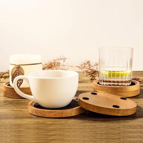 Vista 6 de Posavasos de madera para bebidas absorbentes con soporte, posavasos de fieltro rústico de 3.93 pulgadas para mesa de centro de madera para granja