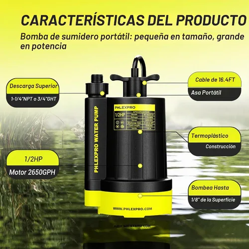 Vista 4 de Bomba de agua sumergible PHLEX PRO 1/2HP, eliminación rápida de agua de 2650 GPH Negro