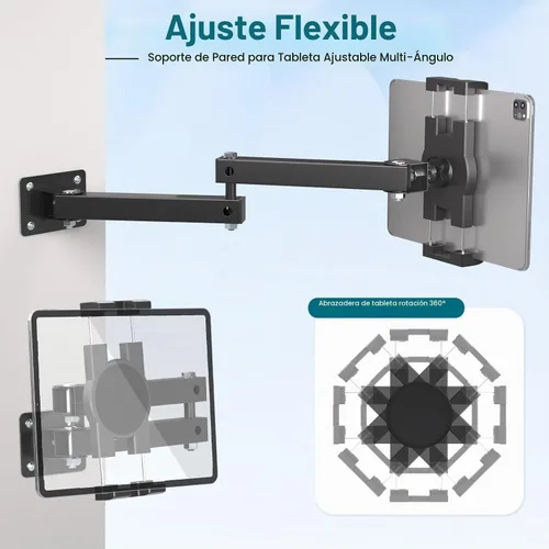 Vista 3 de Mippko Soporte plegable de pared para iPad, soporte para tableta, soporte ajustable de 360°, brazo articulado de aleación de aluminio extensible