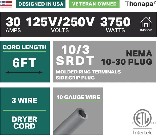 Vista 2 de Thonapa Cable de secado de 3 puntas, 6 pies - enchufe NEMA 10-30, 10/3 SRDT Gris