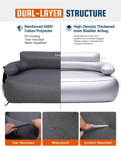 Vista 5 de KingCamp Sofá inflable doble para acampar con bomba eléctrica integrada, sofá de dos plazas de aire resistente de 880 libras, tela catiónica 600D