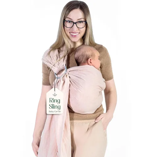 Vista 12 de Portabebés con Eslinga de Anillo - Probado en Laboratorio de EE. UU., 100% Algodón Muslin Natural, Eslinga de Anillo transpirable y ergonómica Beige