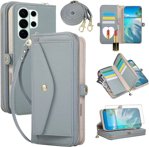 Vista 64 de Asuwish Funda de teléfono para Samsung Galaxy S23 5G con cremallera, funda para celular con protector de pantalla, correa para el hombro, espejo