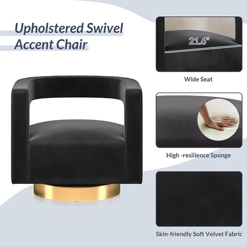 Vista 5 de BELLEZE Silla de Acento Giratoria Tipo Barril, Silla Redonda Moderna Tapizada con Brazos Cómoda de Terciopelo con Respaldo Curvado con Base Dorada