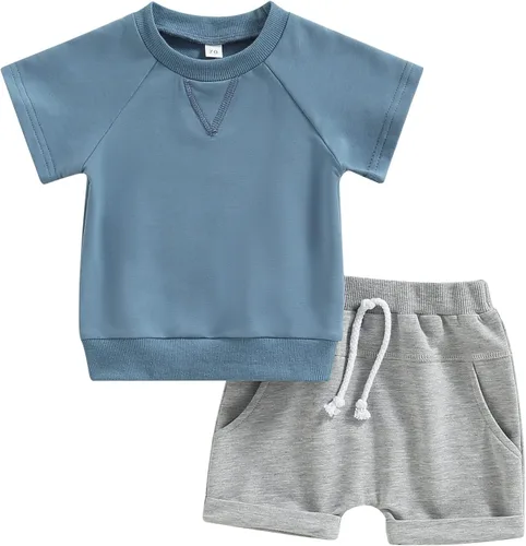 Vista 35 de Conjunto de traje de verano para bebé niño pequeño, manga corta, cuello redondo, letras impresas, lindo traje de verano, conjunto de 2 piezas