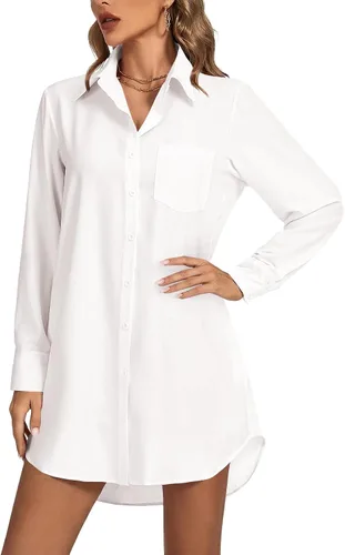 Vista 21 de LYANER Vestido camisero para mujer con cuello en V, botones, manga larga y dobladillo curvado