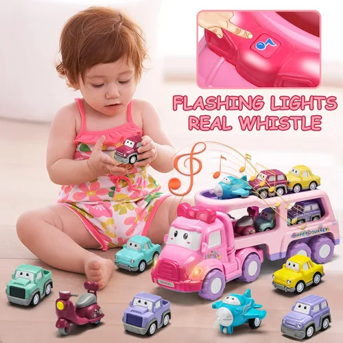 Vista 3 de Vehículo de juguete de dibujos animados para niña pequeña, camión transportador rosa 9 en 1 para bebés, automóvil de transporte de energía