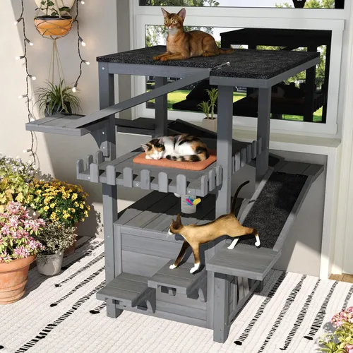 Vista 2 de 4 Tiers Outdoor Cat House Weatherproof Cat Tree Tower with Waterproof Roof and 2 Doors, Feral Cat Shelter Outside Enclosure, Multi-Level Play Zones