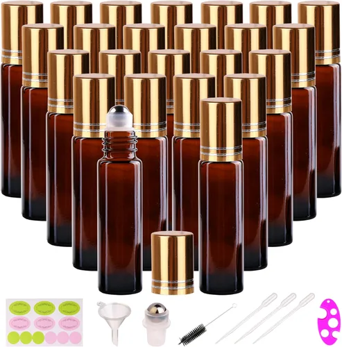 Vista 8 de inice 100 botellas de roll-on de 10 ml de vidrio ámbar para aceites esenciales con bolas de rodillo de acero inoxidable y tapa de aleación