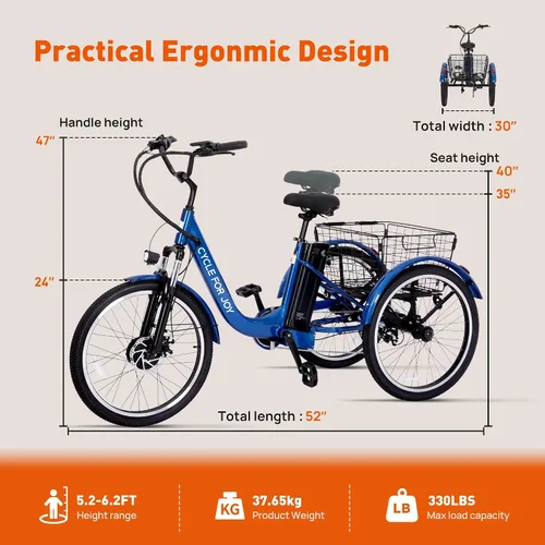 Vista 9 de Triciclo eléctrico de 24 pulgadas, triciclo eléctrico para adultos, 350 W (pico 500 W), 7 velocidades, 3 ruedas, bicicletas eléctricas con batería