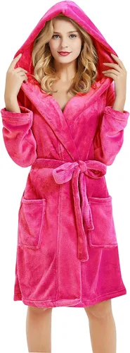 Vista 19 de U2SKIIN Bata de Forro Polar con Capucha para Mujer, Batas de Felpa de Pelo Corto para Mujeres con Capucha Suave y Cálida Bata de Baño para Spa