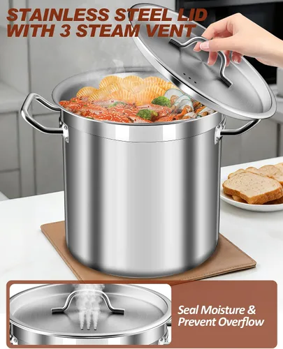 Vista 4 de Olla de 20 cuartos de galón - Olla de acero inoxidable con tapa – Olla de cocina resistente para sopa, guisado, pasta – Uso comercial y doméstico