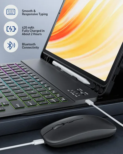 Vista 6 de Funda de teclado con mouse para Samsung Galaxy Tab A8 de 10.5 pulgadas 2022 (SM-X200/X205/X207), teclado ligero desmontable retroiluminado, funda