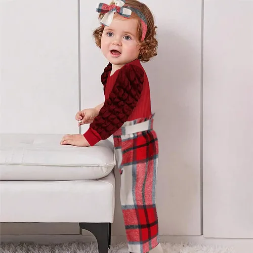 Vista 3 de Conjunto de 4 piezas de ropa de bebé niña acanalada de manga larga abombada + pantalones a cuadros + diadema + cinturón de 4 piezas para otoño e