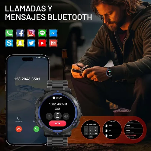 Vista 5 de Relojes inteligentes militares para hombre (respuesta/hacer llamadas) con linterna LED 3ATM resistente al agua reloj inteligente con más de 100