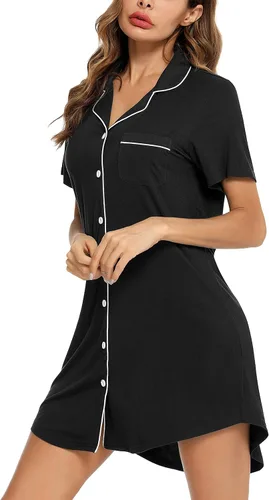 Vista 3 de Pjmlifecoco Camisón para mujer, con botones, manga cortalarga, suave modal, ropa de dormir S-XXL