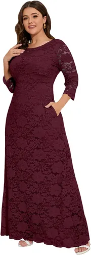 Vista 3 de MAYFASEY Vestido de novia de encaje floral para mujer, talla grande, manga 34, dama de honor, fiesta de noche, vestido largo con bolsillos