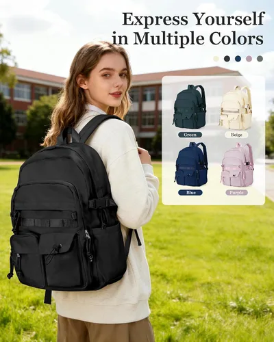 Vista 8 de weradar Mochila Escolar Para Mujeres y Hombres, Mochila Universitaria Estética, Bolsa Ligera de Escuela Secundaria Mochila, a1-Negro, Grande