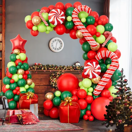 Vista 4 de Kit de arco de guirnalda de globos de Navidad de 144 piezas con globos de Navidad, rojo, dorado, verde fresco y verde oscuro, globos de caramelo