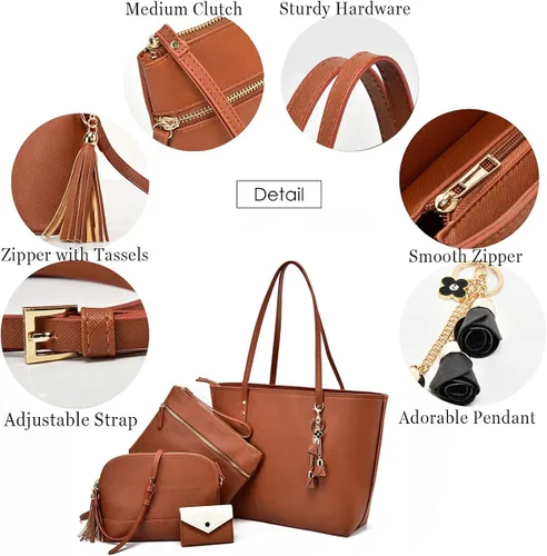 Vista 3 de Juego de 4 bolsas de mano para mujer, bolsa de hombro con asa superior, bolsa de mano, Marrón, L