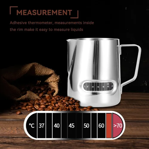 Vista 2 de Jarra de espuma de leche con termómetro integrado, jarra de espuma de leche de acero inoxidable de 16.9 fl oz, taza espumadora de leche, jarra