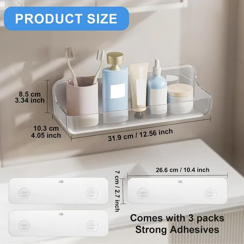 Vista 2 de Diesisa Organizador de pared acrílico de 2 piezas, estante adhesivo, organizadores de pared, sin perforaciones, estantes de baño, estante de pared