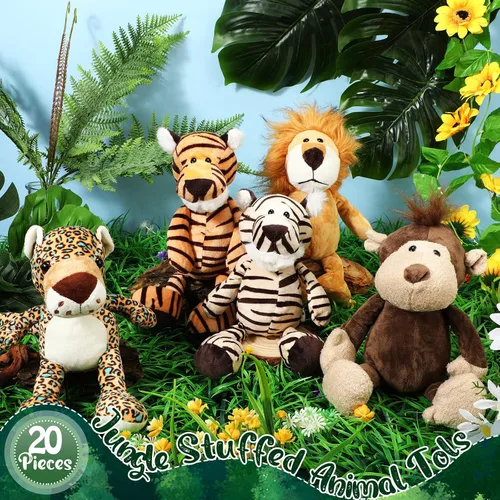 Vista 7 de HyDren 20 Piezas Animales de Peluche de Safari - 11.8'' Animales Salvajes de la Selva de Peluche Lindos Elefante, Jirafa, León, Tigre, Mono Animales