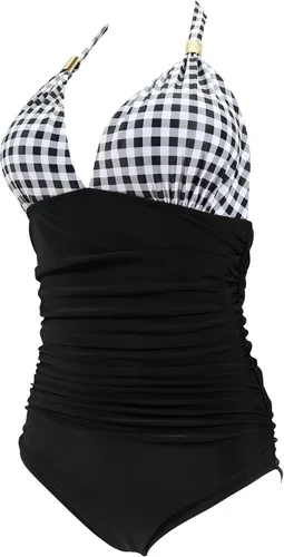 Vista 82 de RXRXCOCO - Traje de baño fruncido de una pieza, con cuello en V, para mujer, con control de abdomen y cuello halter