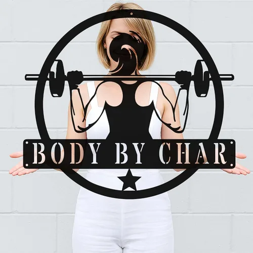 Vista 3 de Cartel de metal personalizado para gimnasio con nombre, arte de pared para sala de entrenamiento en casa, garaje, espacio de fitness, decoración