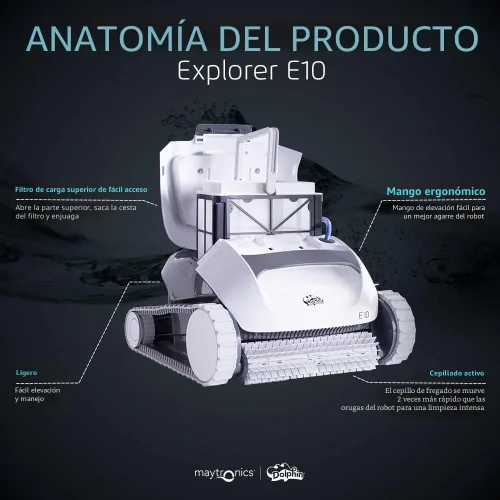 Vista 8 de Dolphin (modelo 2026) E10 - Aspiradora robótica automática para piscina, cepillo de limpieza activo, acceso a filtros de carga superior, ideal