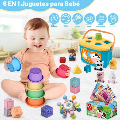 Vista 3 de Juguetes para bebés de 6 a 12 meses, juguetes Montessori 6 en 1 para niños de 1 año, juguete sensorial suave para dentición, tazas y bloques