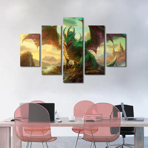 Vista 2 de Lienzo decorativo para pared de sala de estar, lienzo de dragón, 5 paneles, dragón verde, decoración de pared para el hogar, decoración de pared