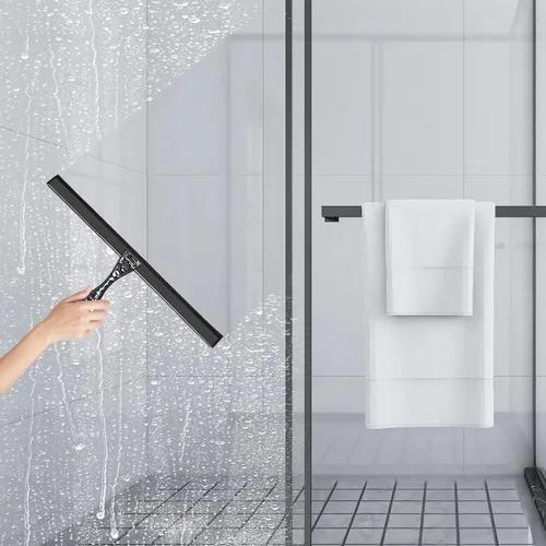 Vista 5 de Escobilla de ducha de silicona multiusos para puerta de cristal de ducha, con 2 ganchos y mini escobilla rosa, para vidrio de baño, automóvil, pared