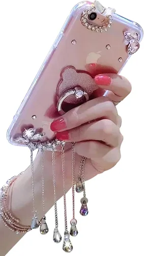 Vista 4 de LCHDA - Funda con soporte para anillo compatible con iPhone 15 de 6.1 pulgadas, bonita funda protectora de lujo con diamantes de imitación