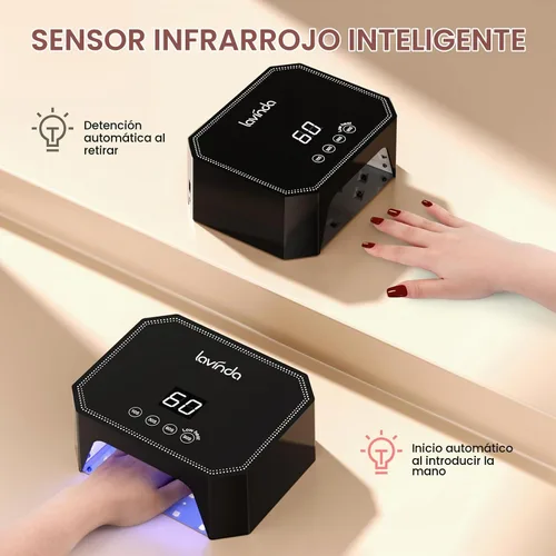 Vista 4 de Lavinda Lámpara de uñas LED UV de 54 W, luz de uñas de gel enchufable con pantalla LCD, 4 temporizadores, sensor automático, longitud de onda doble
